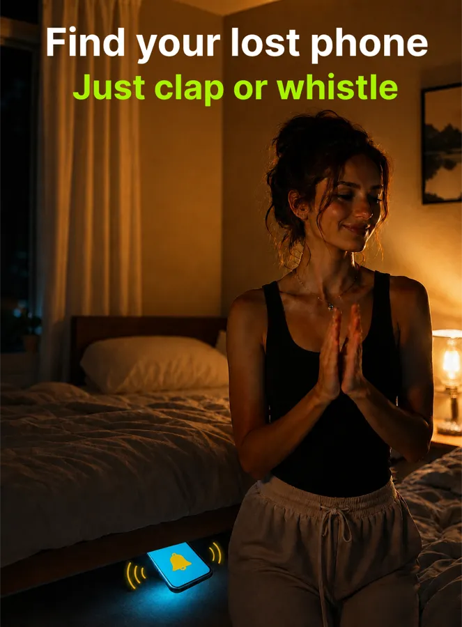 A woman claps in a dark bedroom and her phone lights up on the floor beside the bed.