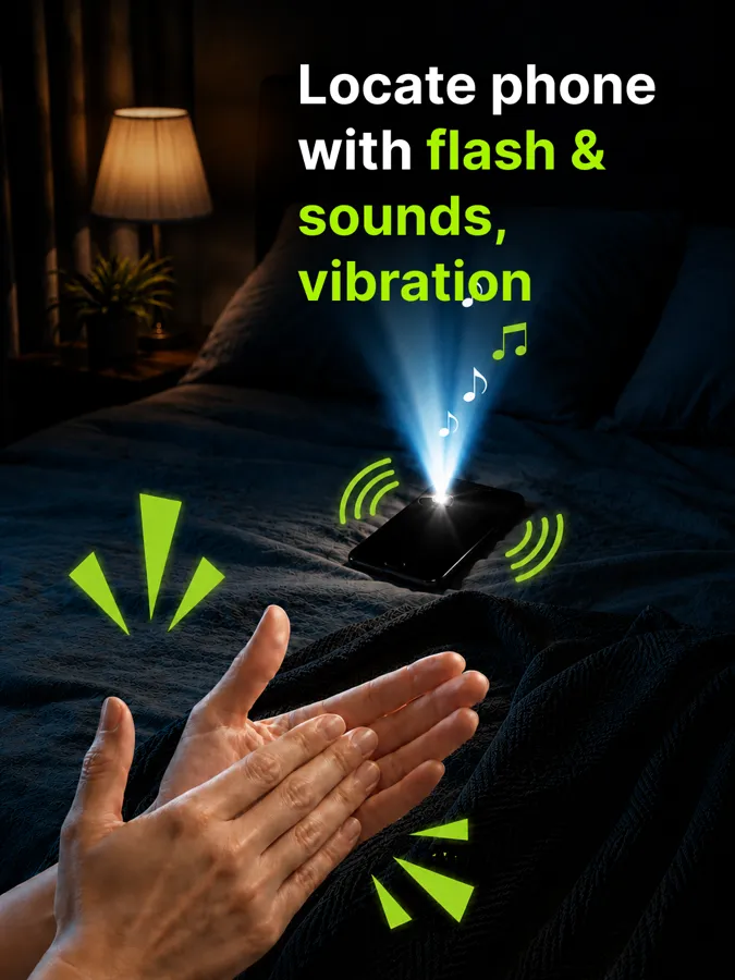 A phone on a dark bed answers a clap with a bright flashlight beam, music notes and green clap marks.
