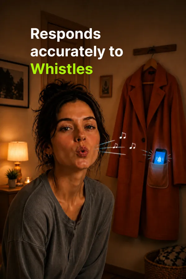 A woman whistles in a hallway at night while her phone glows inside the pocket of a coat hanging on the wall.