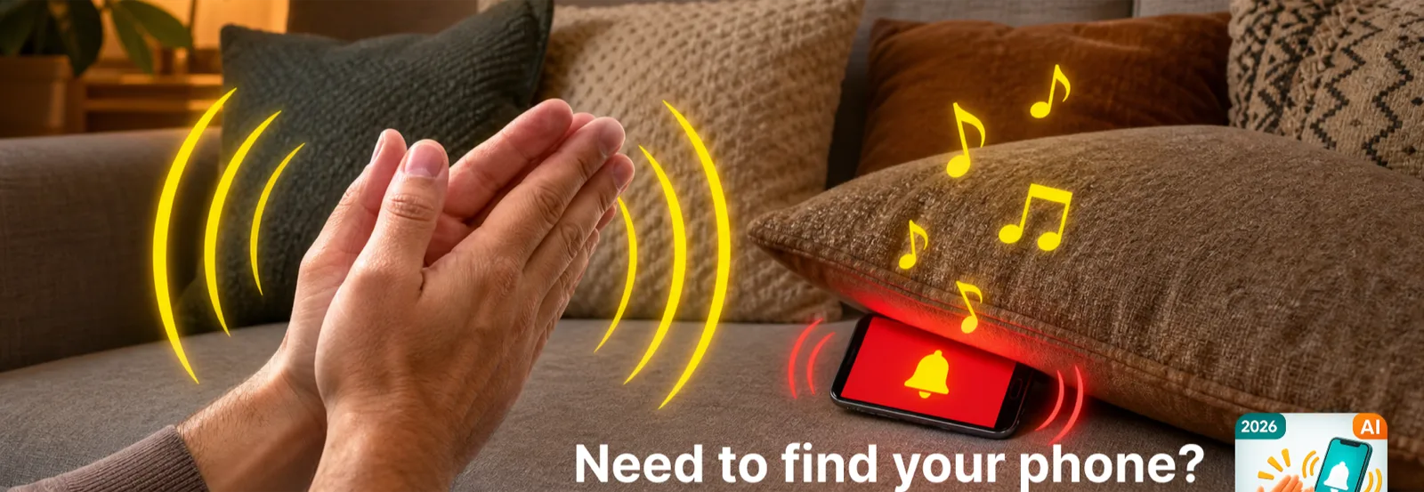 Hands clapping in a warmly lit living room at night while a phone hidden under a couch cushion glows red, rings and sends out yellow sound waves.