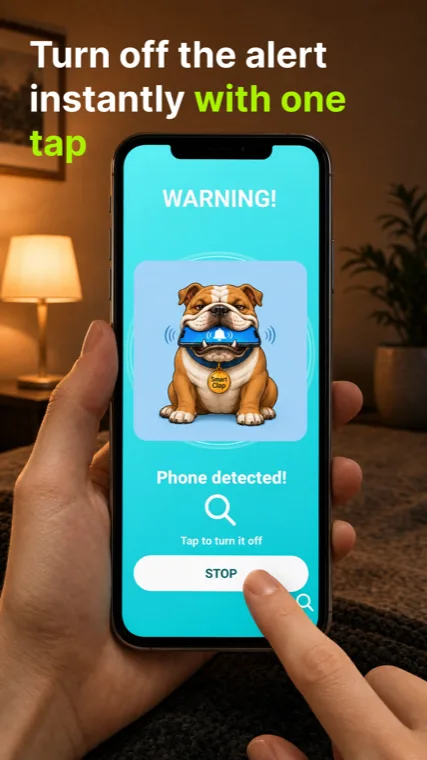A hand holds a phone showing the cyan full-screen alarm: WARNING, a bulldog mascot with a phone, the words Phone detected, and a large white STOP button.