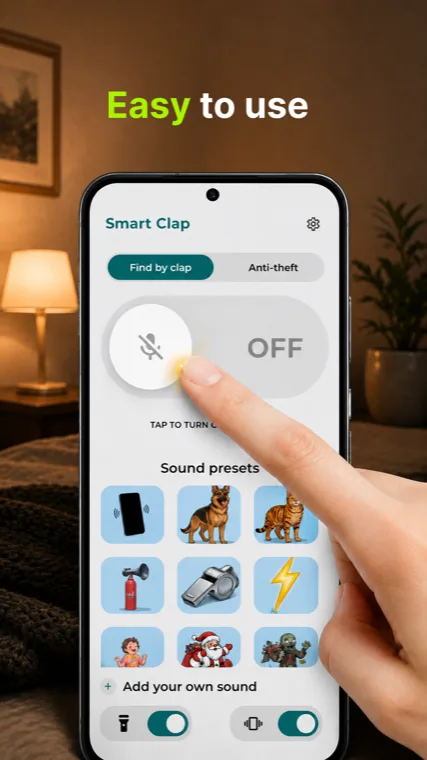 The Smart Clap main screen: tabs for Find by clap and Anti-theft, a large OFF toggle being tapped, a grid of sound presets, an Add your own sound button, and flashlight and vibration switches.