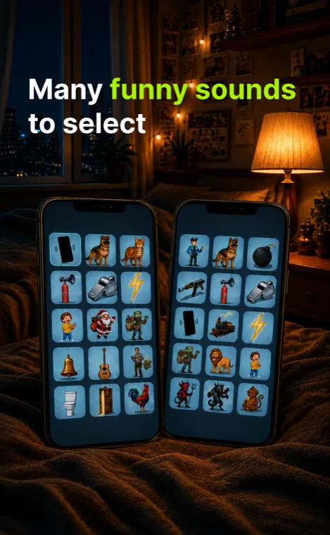 Two phones side by side showing the full sound-preset grids: dog, cat, air horn, whistle, siren, thunder, rooster, Santa, zombie, lion and many more.